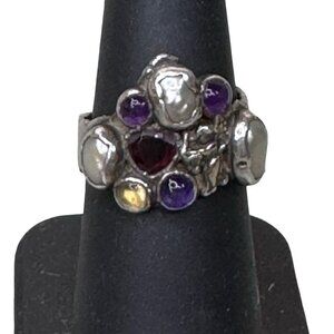 Artisan Sterling Silver Ring Multi gemstone Cluster Amethyst Pearl Garnet 6.25